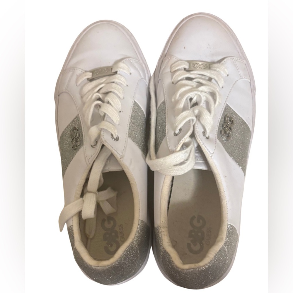 Women’s Shoes (9.5) White and Silver Sneakers (Price Negotiable).